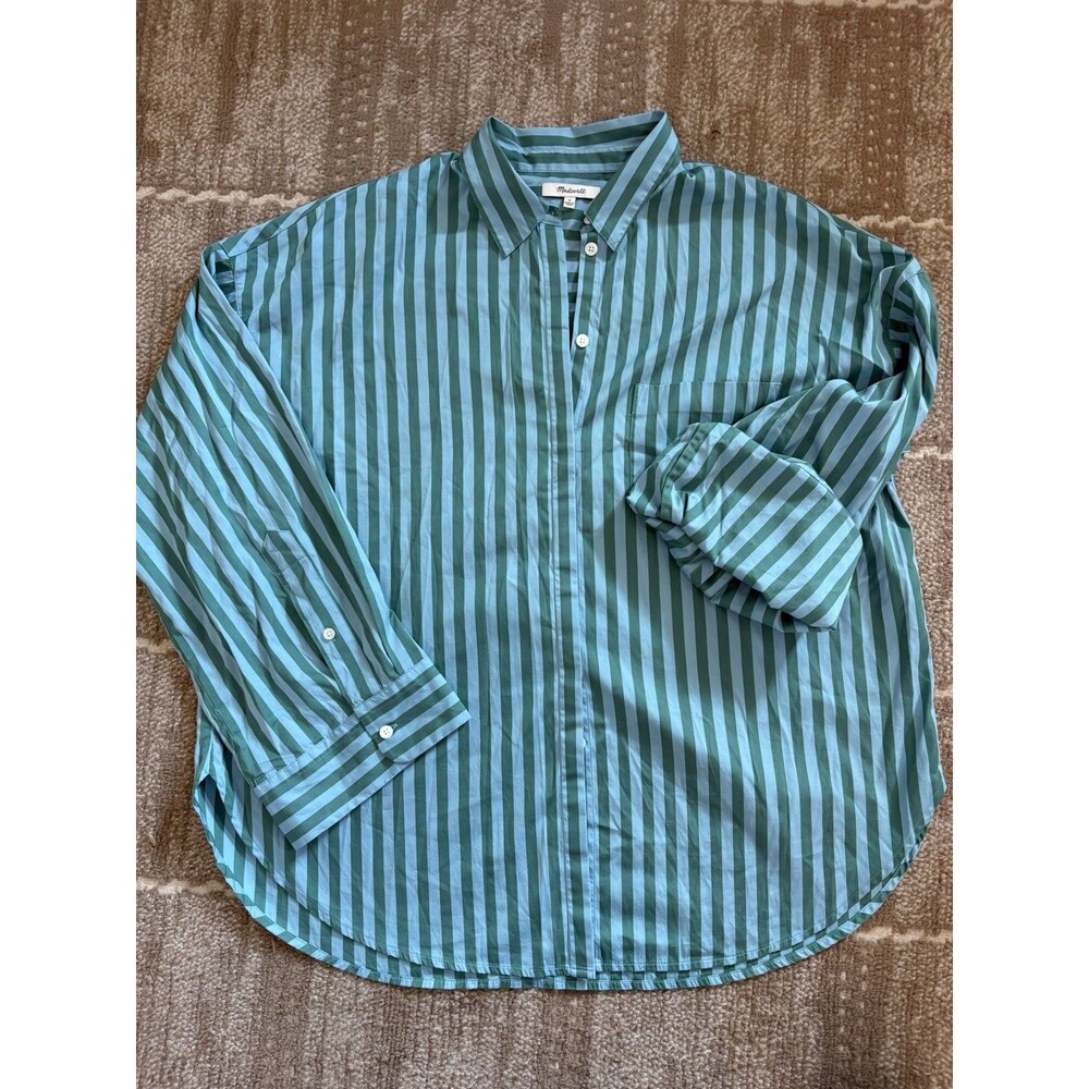 Madewell Women’s L Blue Green Striped Oversized Button Down Shirt Relaxed